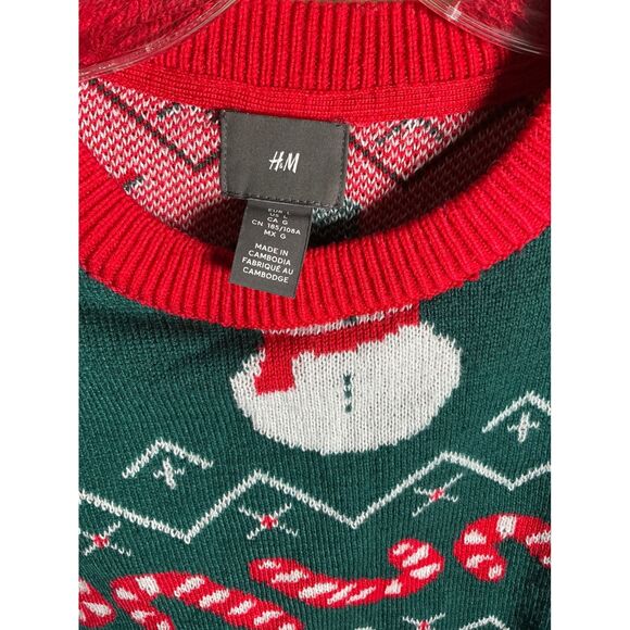 H&M Ugly Christmas Sweater Snowman Candy Cane Ho Ho Ho Green Red L - Picture 3 of 8